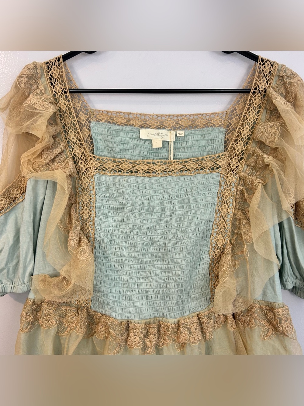 NWT Forever That Girl Blue/Tan Ruffle Lace Peplum Fairy Top Large Anthropologie - Picture 3 of 16
